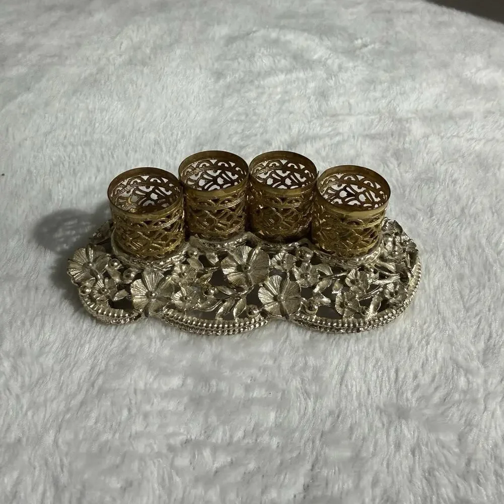 Vtg 70s Gold Tone Lipstick Holder 4 Slots Hollywood Regency Vanity Floral Ornate
